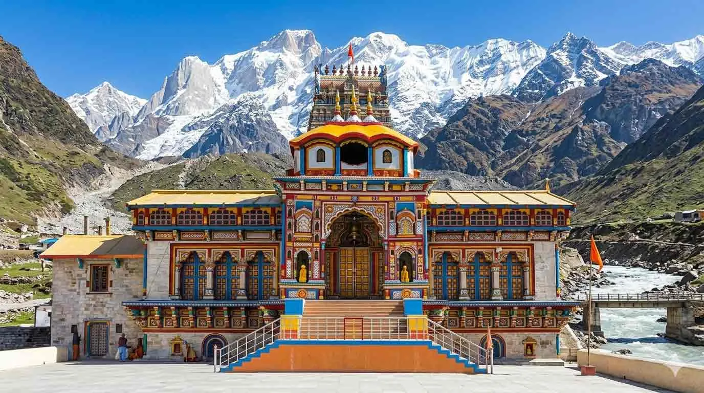 Badrinath Temple in Chamoli, Uttarakhand, with its sacred structure nestled in the Garhwal Himalayas.