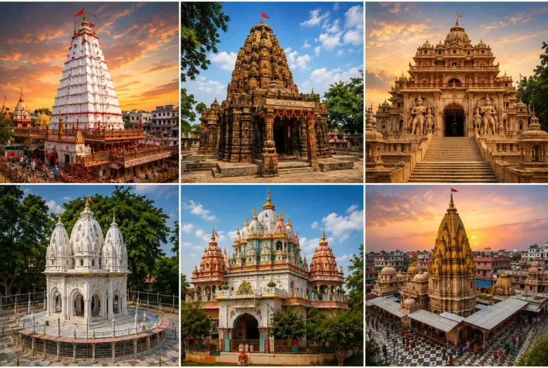 A collage of Bihar's most iconic temples, showcasing their architectural diversity and spiritual significance