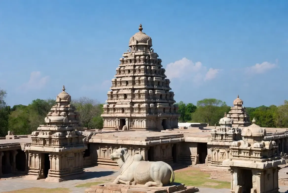 Brihadeeswarar Temple in Thanjavur, Tamil Nadu, with its majestic structure rising above the temple complex.