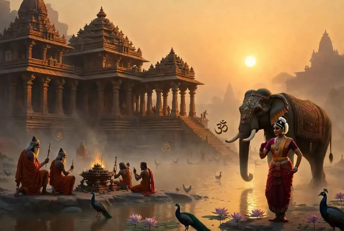 A vibrant collage of Indian cultural elements, including traditional dance, festivals, and spiritual symbols, representing the rich heritage of Bharat.