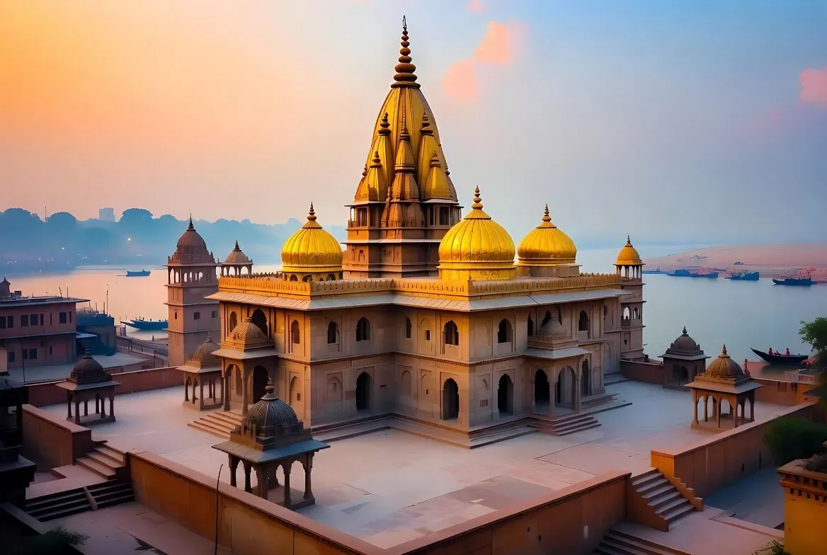 Kashi Vishwanath Temple in Varanasi, with its golden shikhara gleaming in the sunlight and the Ganga river flowing nearby.