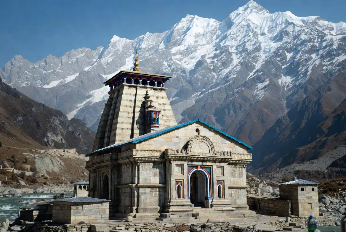 Kedarnath Temple in Rudraprayag, Uttarakhand, with its stone structure rising amidst the snow-capped Himalayas.
