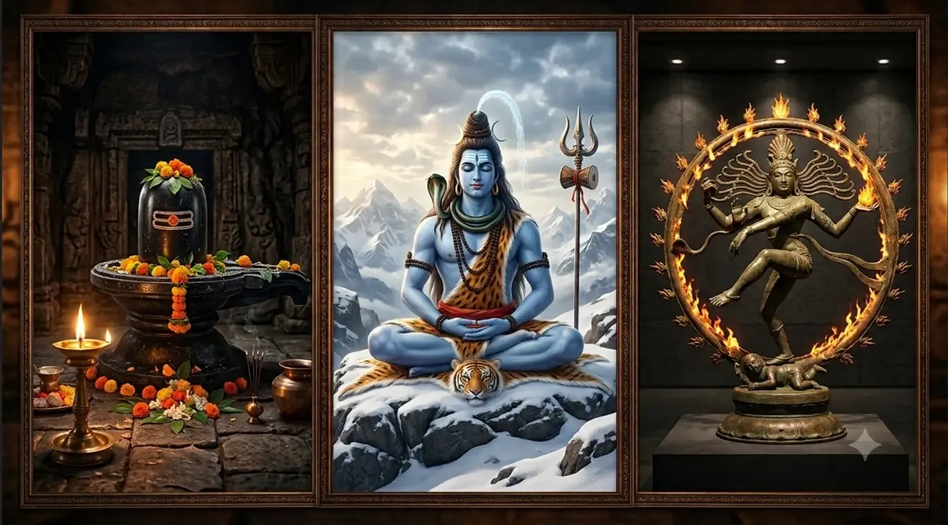 A collage of Lord Shiva: the left panel shows a black stone Shiva Linga adorned with marigolds and oil lamps; the center panel depicts Lord Shiva meditating in the Himalayas; the right panel shows a bronze Nataraja statue representing the cosmic dance.