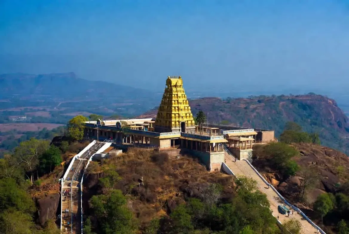 The sacred hill of Palani Murugan Temple rising dramatically above the plains of Tamil Nadu.