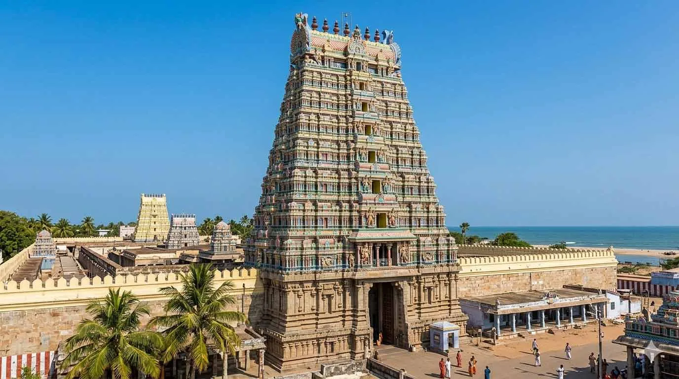 Ramanathaswamy Temple in Rameswaram, Tamil Nadu, with its majestic structure rising above the temple complex.