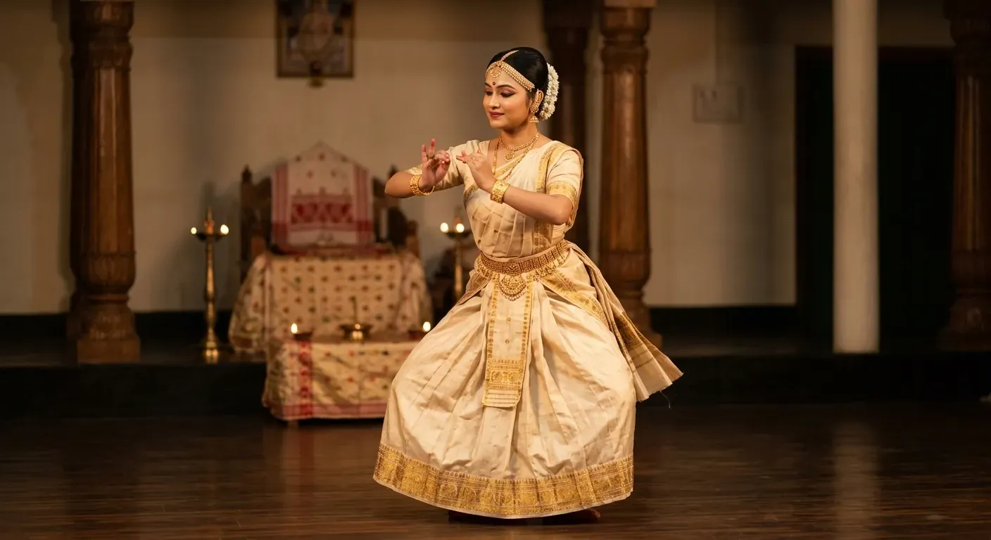 A vivid depiction of Sattriya, the classical dance form of Assam, showcasing traditional Pat silk attire, delicate hand gestures, and a deeply devotional posture.