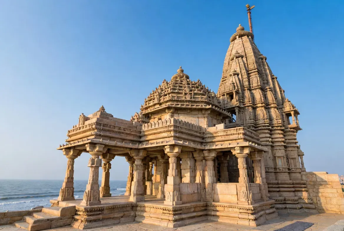 Somnath Temple in Prabhas Patan, Gujarat, with its majestic structure rising at the water's edge.