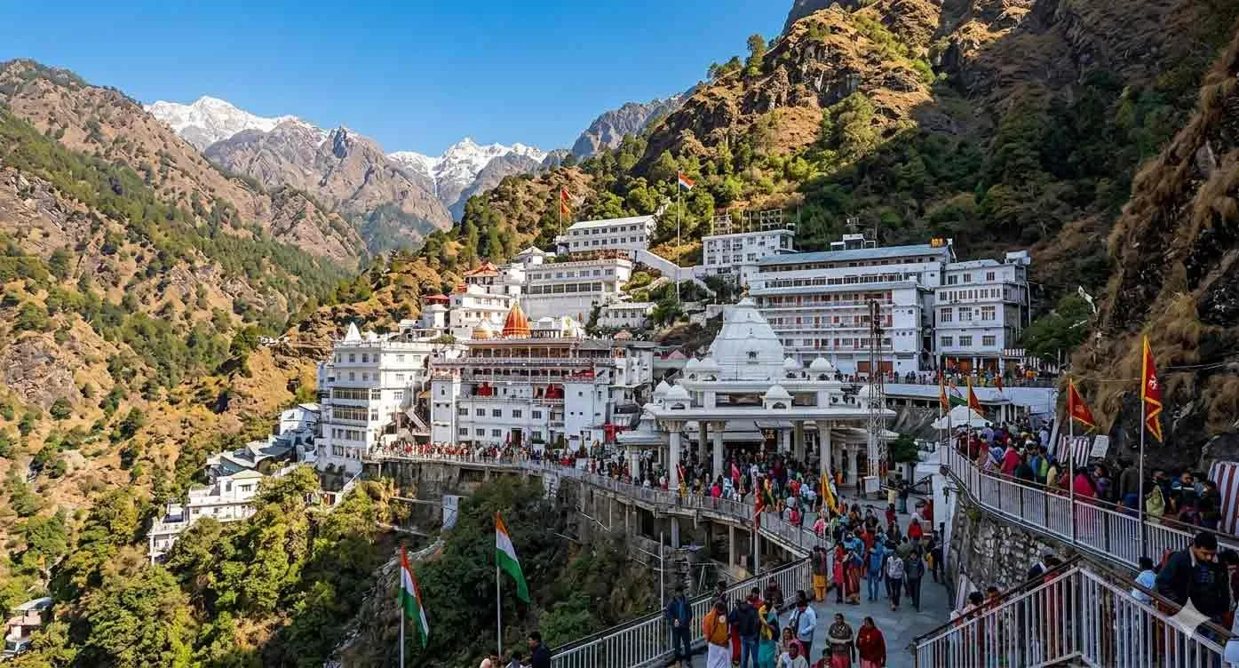 Vaishno Devi Temple in Reasi, Jammu & Kashmir, with its sacred cave nestled in the Trikuta Mountains.