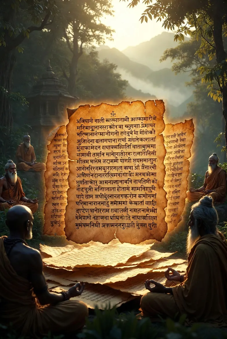 A depiction of ancient sages receiving the Vedas, a manuscript of Vedic hymns, and a modern Vedic chanting session. The image captures the timeless essence of the Vedas as both an ancient revelation and a living tradition.